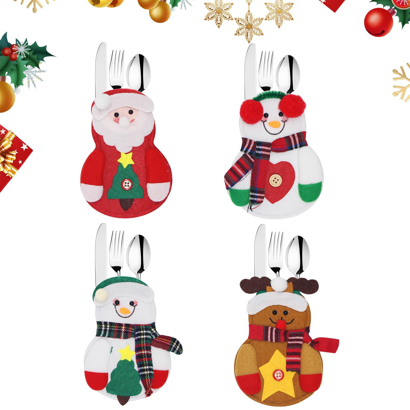 Decoracion de Mesa Navidad, Bolsa Cubiertos Navidad, 4 Pcs Porta Cubiertos Navideños de Fieltro Papa Noel Gnomo Alce Cestas Bolsa Soporte para Cubiertos, Para decorar fiestas, mesas, Navidad