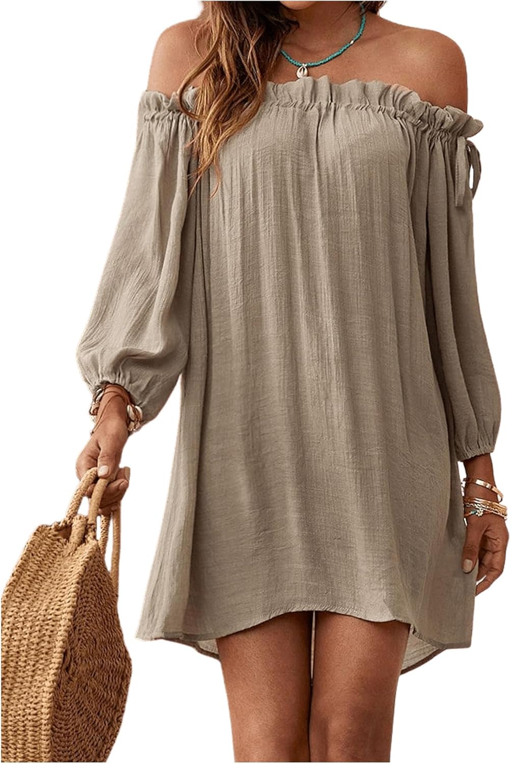 OYOANGLE Women's Swimsuit Cover Ups Off Shoulder Long Sleeve Beach Dress Frill Trim Swimwear