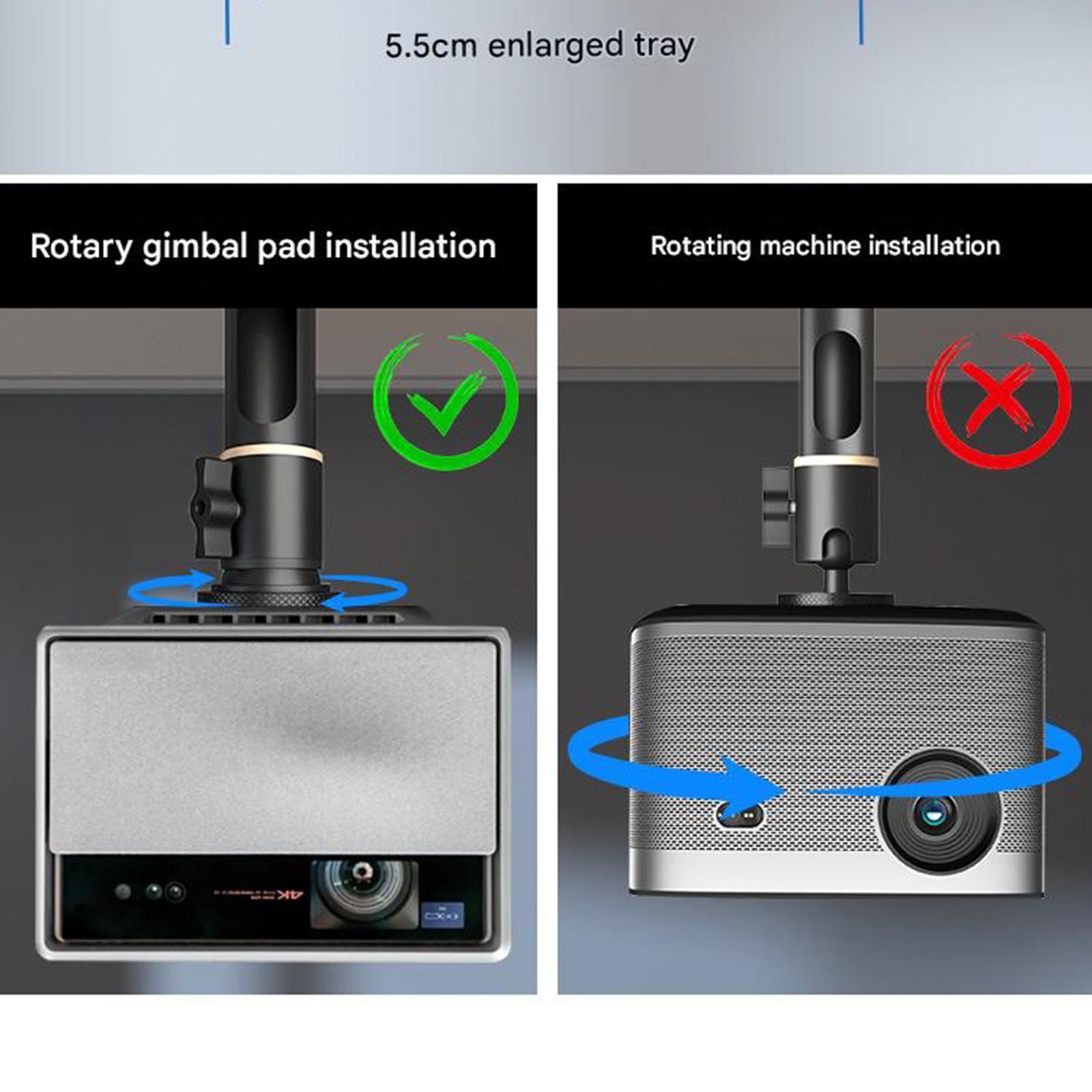 Soporte de techo para proyector de metal, rosca 1/4 para una fácil integración, longitud ajustable, rotación de 360 grados, rosca de visión flexible