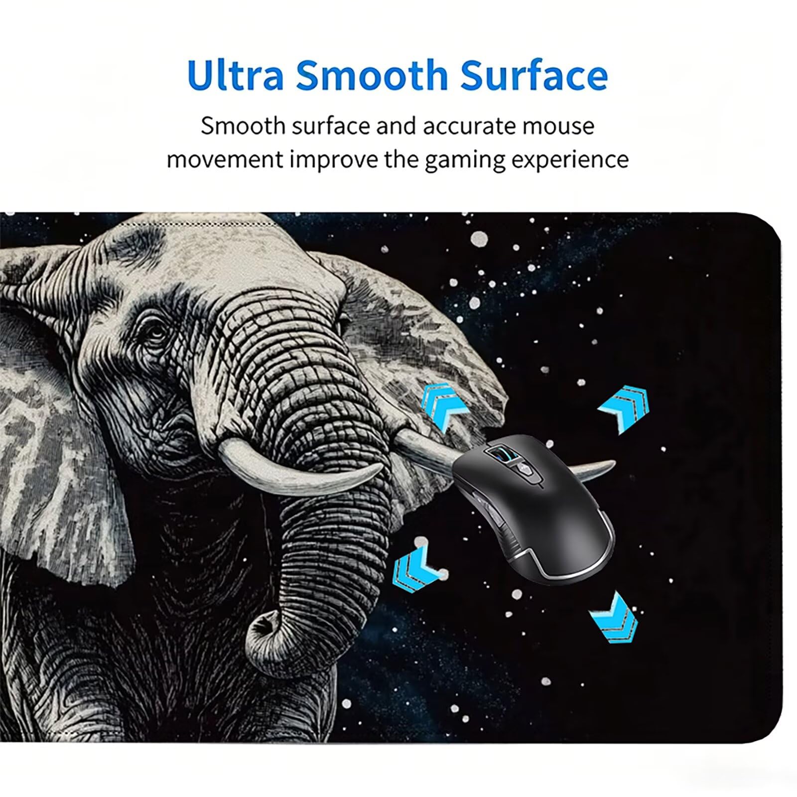Tappetino Mouse Gaming, 1200x600mm Tappetino Mouse XXL nero 0c0-304 | Mouse Pad Grande, Ottimizzato per i Sensori da Gioco, Migliora Precisione e Velocità, per Mac e PC, elefante