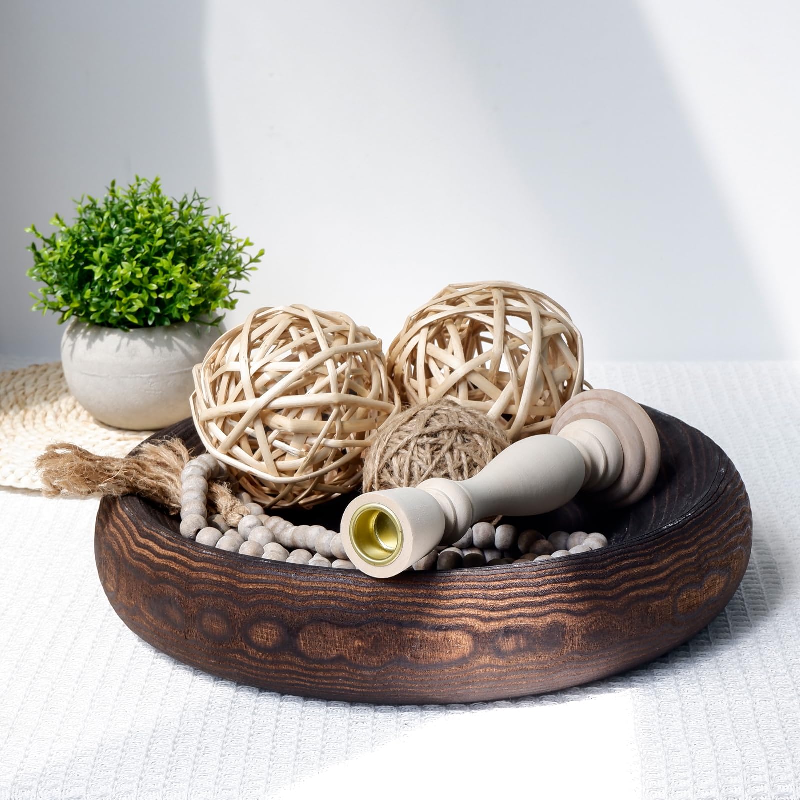 TOOLTENG Wood Decorative Bowl, Paulownia Wooden Bowl, Round Wood Dough Bowls for Home Decor, Rustic Handmade Wooden Bowl for Serving Kitchen Dining Table (Black)