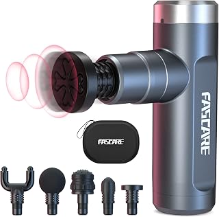 Mini Massage Gun, FASCARE Handheld Massager Gun Pocket-Sized Deep Tissue Muscle Percussion, Portable Massage Gun Ultra Quiet with 6 Speeds, 5 Heads Carry Case for On The Go Usage