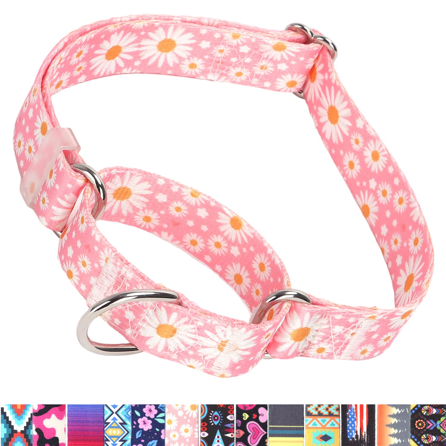 Martingale Collar for Dogs, No-Slip Escape Proof Choke No Pull Cinch Soft Nylon Dog Training Collars Adjustable for Small Medium Large Breed Pet Dogs, Pink Daisy M
