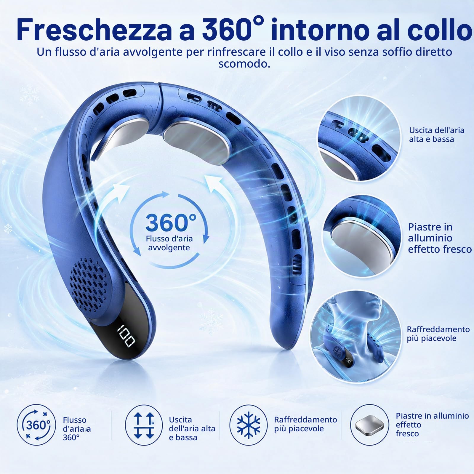 Ventlatore da collo 4000 mAh ventilatore portatile 3 velocità display LED 360 gradi cooling ventilatore collo 50 dB basso rumore