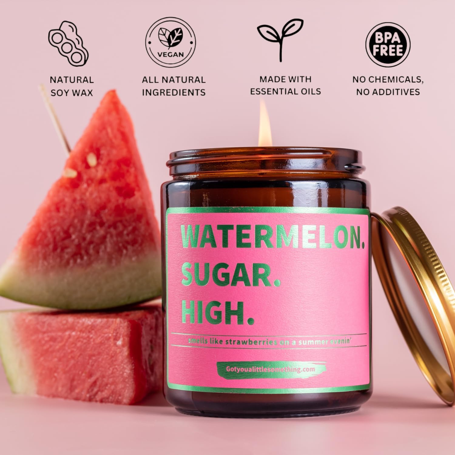 Watermelon Sugar High Scented Candle - Smells Like Strawberries on a Summer Evening - Harry Styles Gifts - Harry Merch - Harry S One Direction Present Idea Music Themed Gift for Fans - Image 2