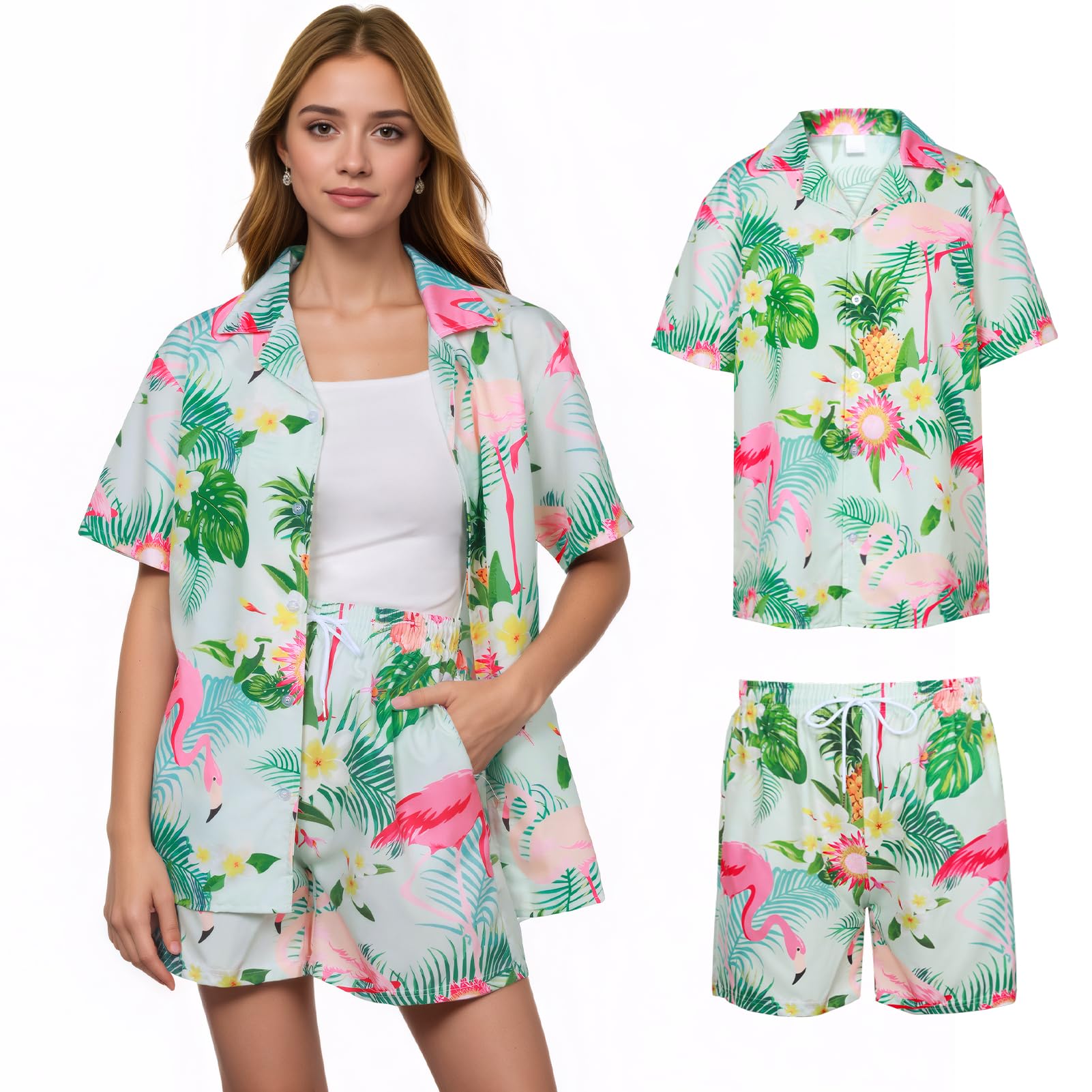 Camicia hawaiana da donna, set con camicia hawaiana, pantaloncini, maglietta estiva da spiaggia, stampa tropicale, camicia hawaiana da donna, abbigliamento estivo per feste