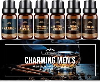 FUHITIM Charming Men's Fragrance Oil Set: 6x10ml Diffuser Oils for Candles, Soap Making, Aromatherapy - Sea Breeze, Fireside Vanilla, Cedar & More