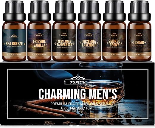Fragrance Oil, Charming Men's Set Diffuser Oil for Home, Soap & Candle Making Scents, Aromatherapy Essential Oils -Sea Breeze, Fireside Vanilla, Cedar and More(6 * 10ML)