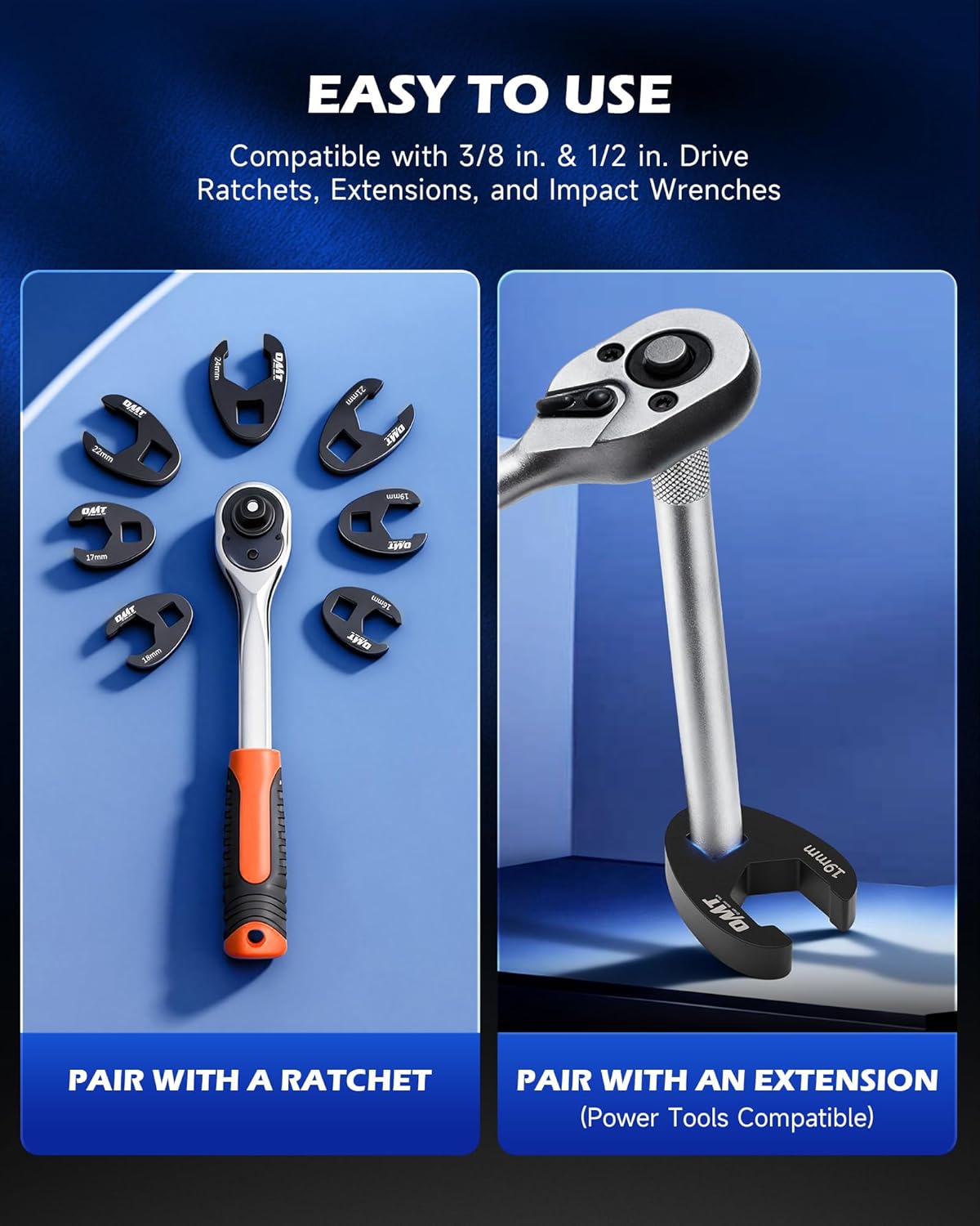 Orion Motor Tech Crowfoot Wrench Set, 15-Piece Crows Foot Wrench Set with 8 to 24 mm Metric Flare Nut Wrenches, 1/2 & 3/8 in. Drive Flare Nut Wrench Set with Laser Etched Marking Carry Case, Red