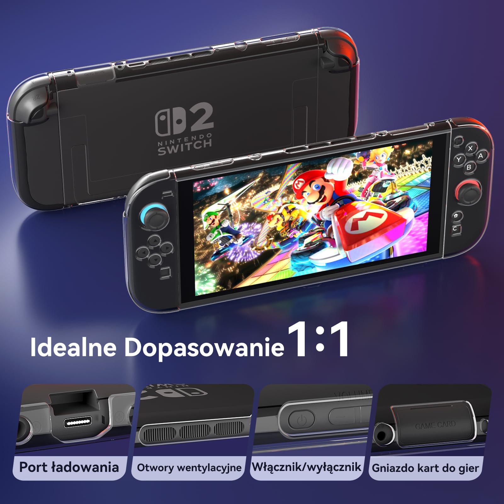 Etui do Nintendo Switch 2 2025, Wstrząsoodporne TPU, Przezroczyste, z Dokowaniem, 2 Szkła Ochronne, 2 Nakładki na Gałki (Ulepszone)