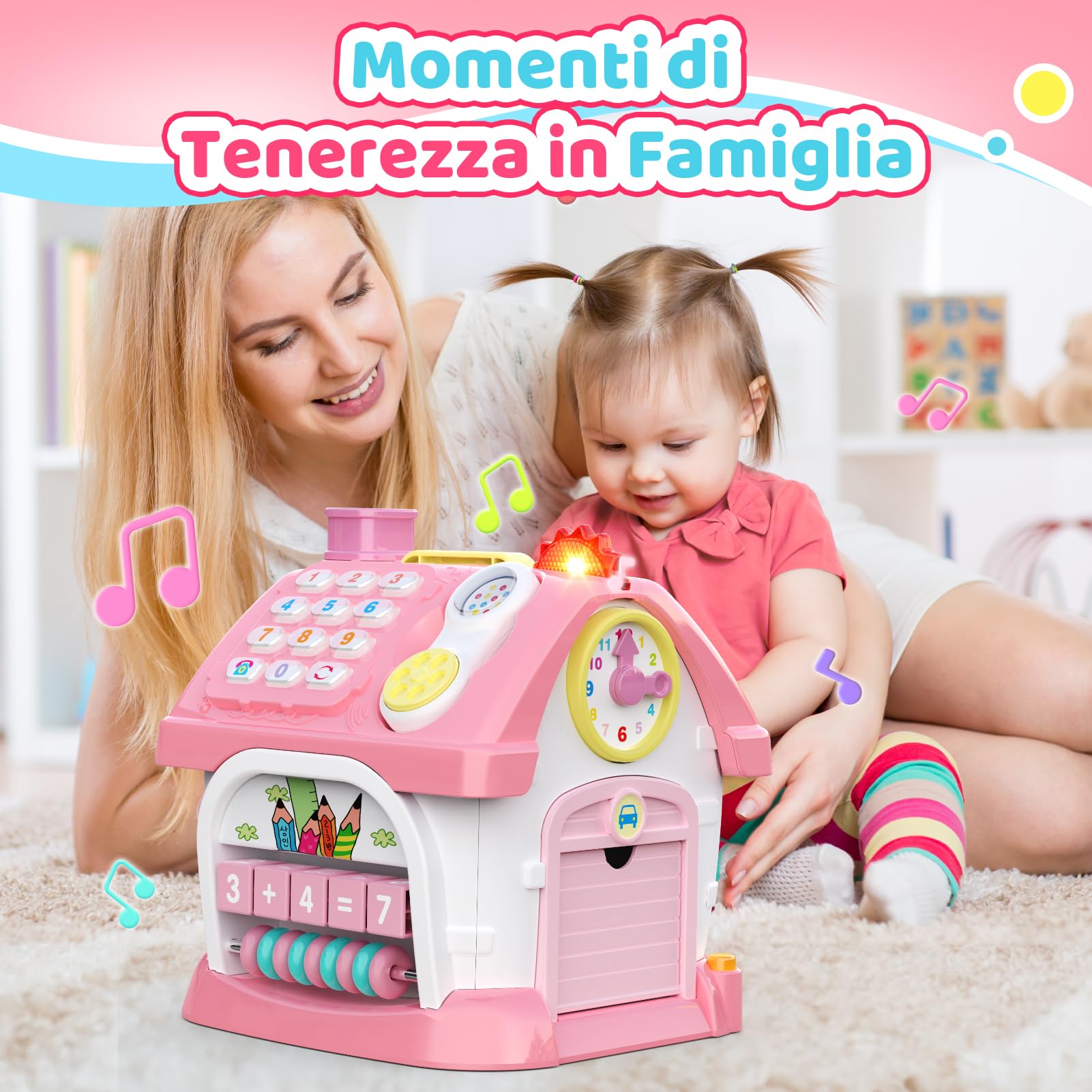 Giochi Montessori 1 Anno: 6 in 1 Giocattoli Bambini Multi-Attività con Musica/Orologio/Luci/Telefono/Auto, Gioco Bambino Educativo per 18 Mesi, Regalo Compleanno per Bambina 1 2 3 Anni (Rosa)