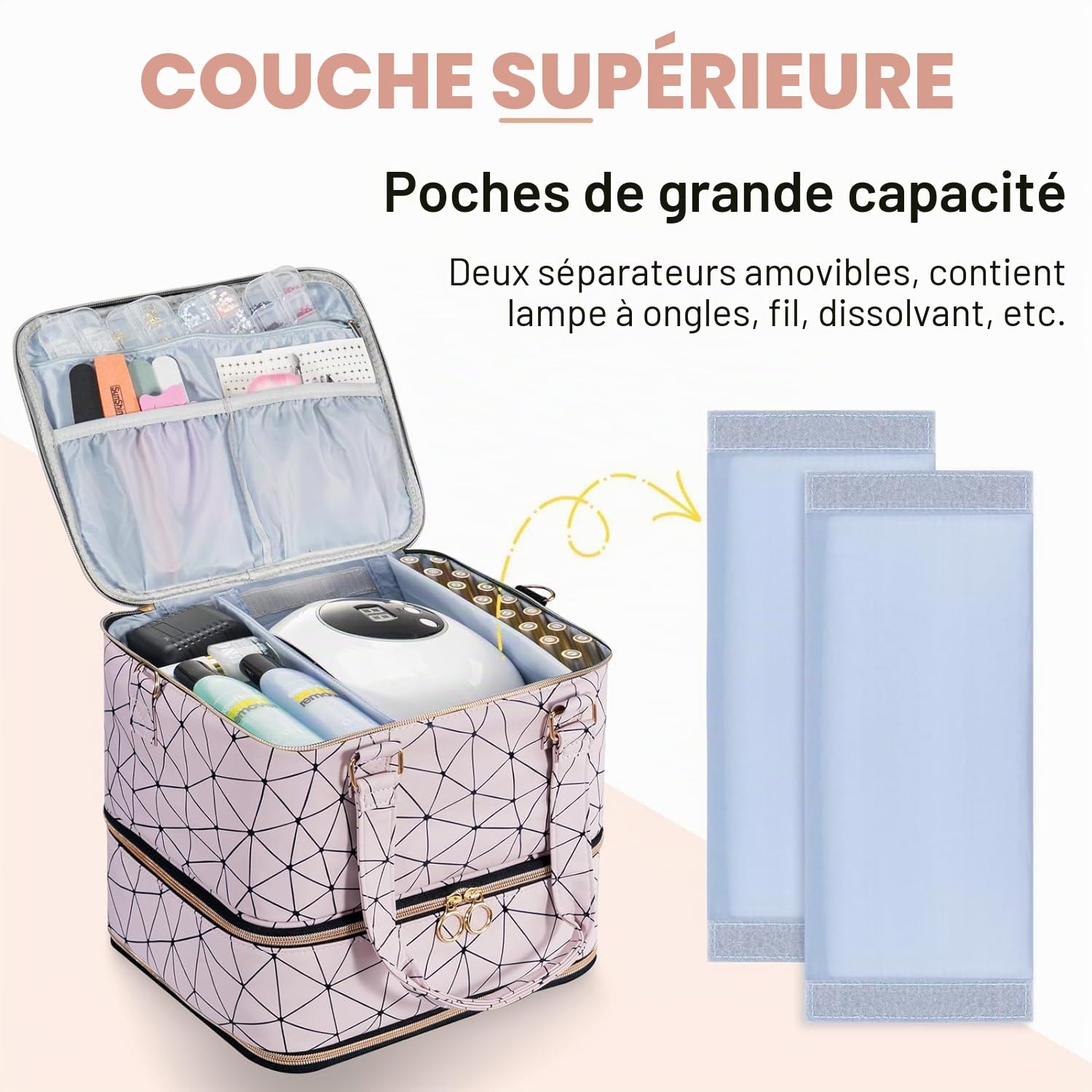 Uross Organisateur de Vernis à Ongles pour 84 flacons de Vernis à Ongles et 1 Lampe à Ongles LED, Sac de Rangement de Vernis à Ongles pour Accessoires de stylisme ongulaire（Rosa）