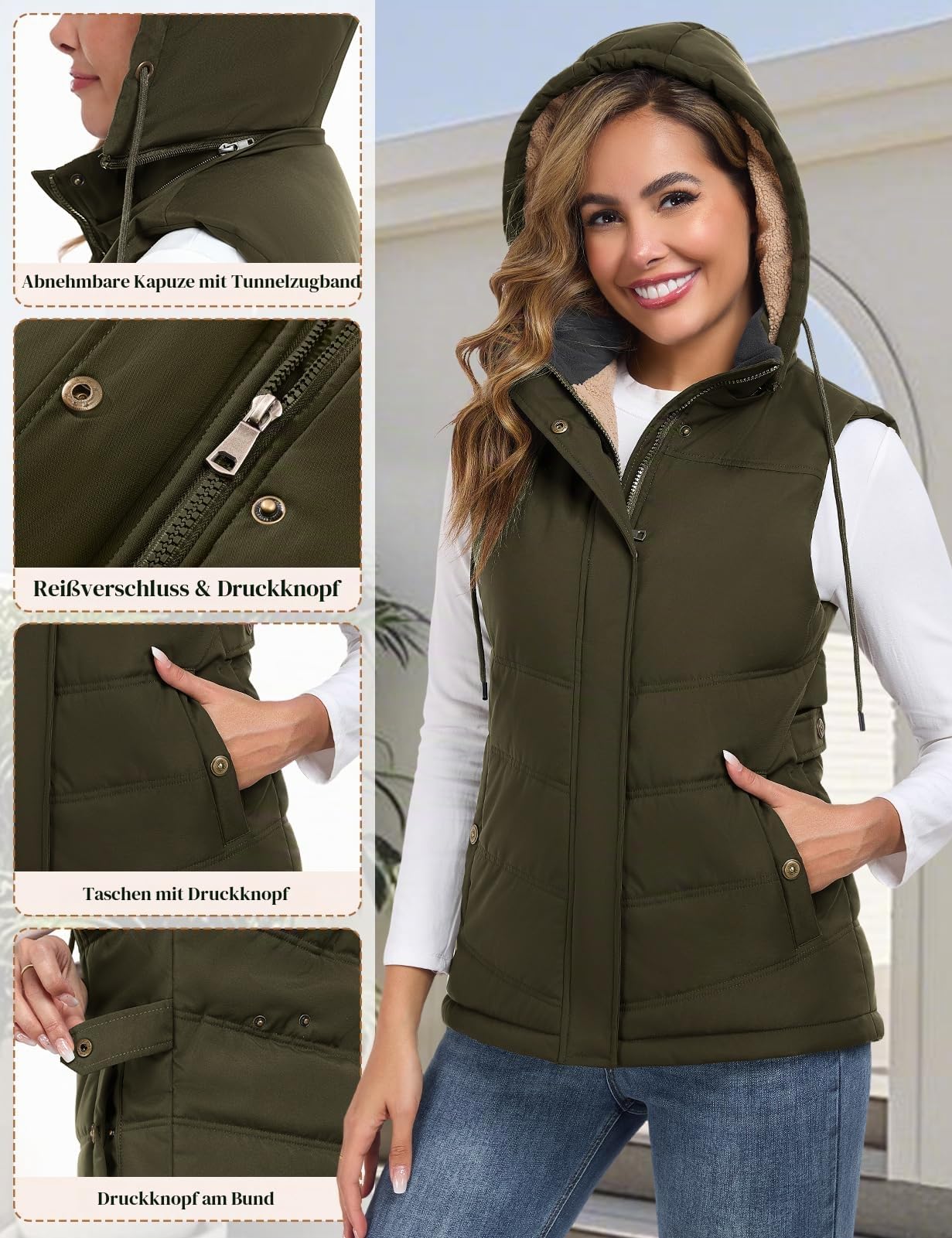 heekpek Damen Weste mit Kapuze Winterweste Ärmellose Fleeceweste Steppweste Kurz Reißverschlüsse Outdoor Warme Damenwesten Ärmellose Jacke Herbst Thermoweste