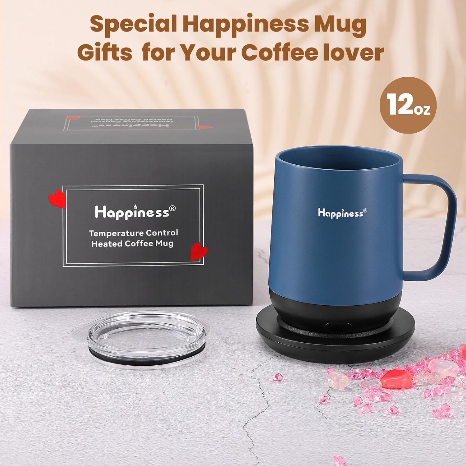 Happiness Smart Heated Coffee Mug,12oz Rechargeable Electric Self Heating Temperature Control Coffee Cup