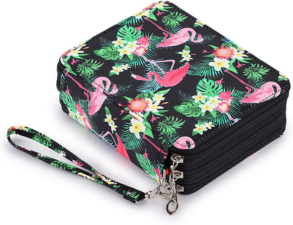 BTSKY Zippered Pencil Case-Canvas 72 Slots Handy Pencil Holders with Printing Pattern for Prismacolor Watercolor Pencils, Crayola Colored Pencils, Marco Pencils Flamingo Black