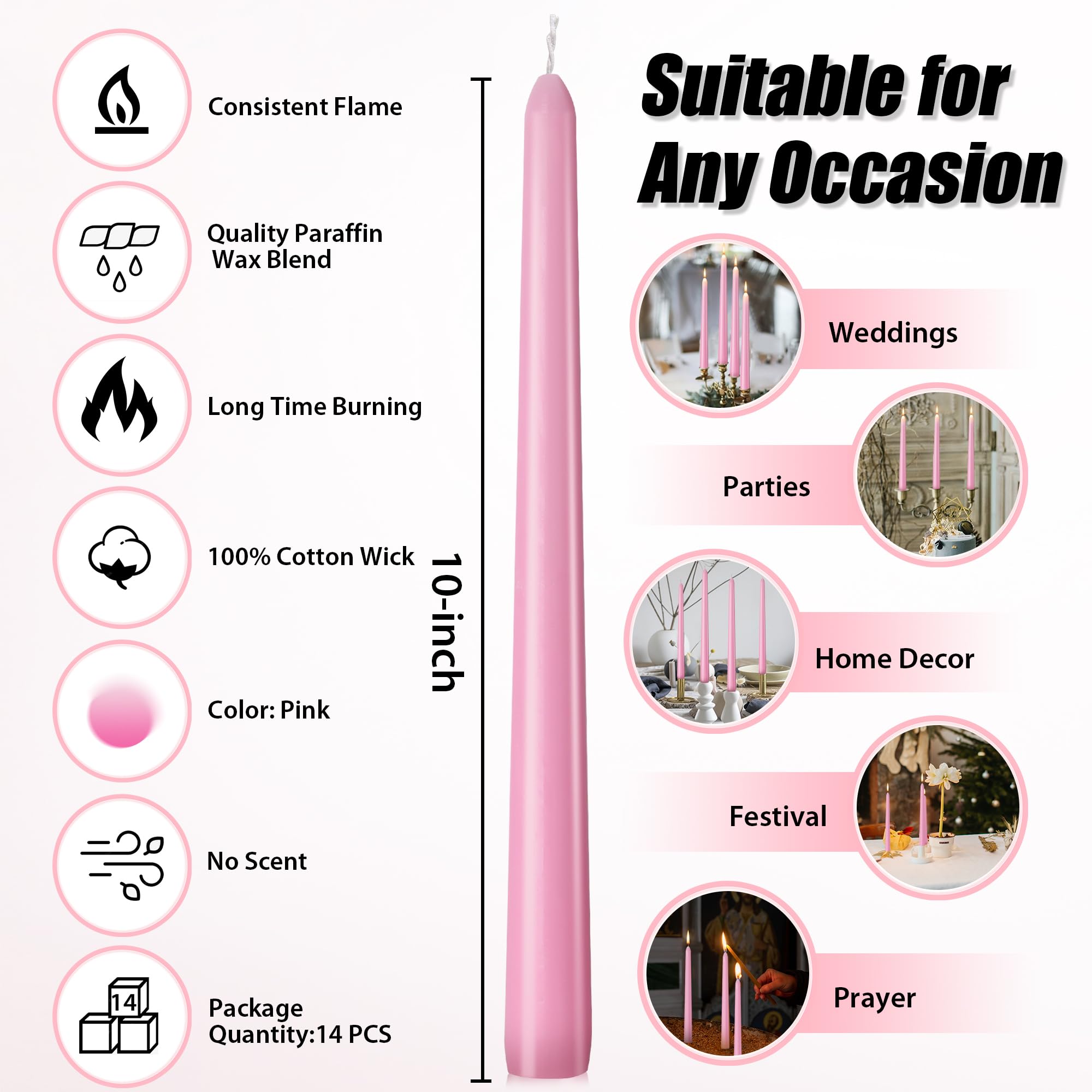 Perkisboby 10 inch Pink Taper Candles, Unscented Dinner Candle Dripless Spell Chime Candles, 8 Hour Burn Time for Birthday Wedding Party, baby showers, Christmas Valentine's Day or Home Decor- 14 Pack