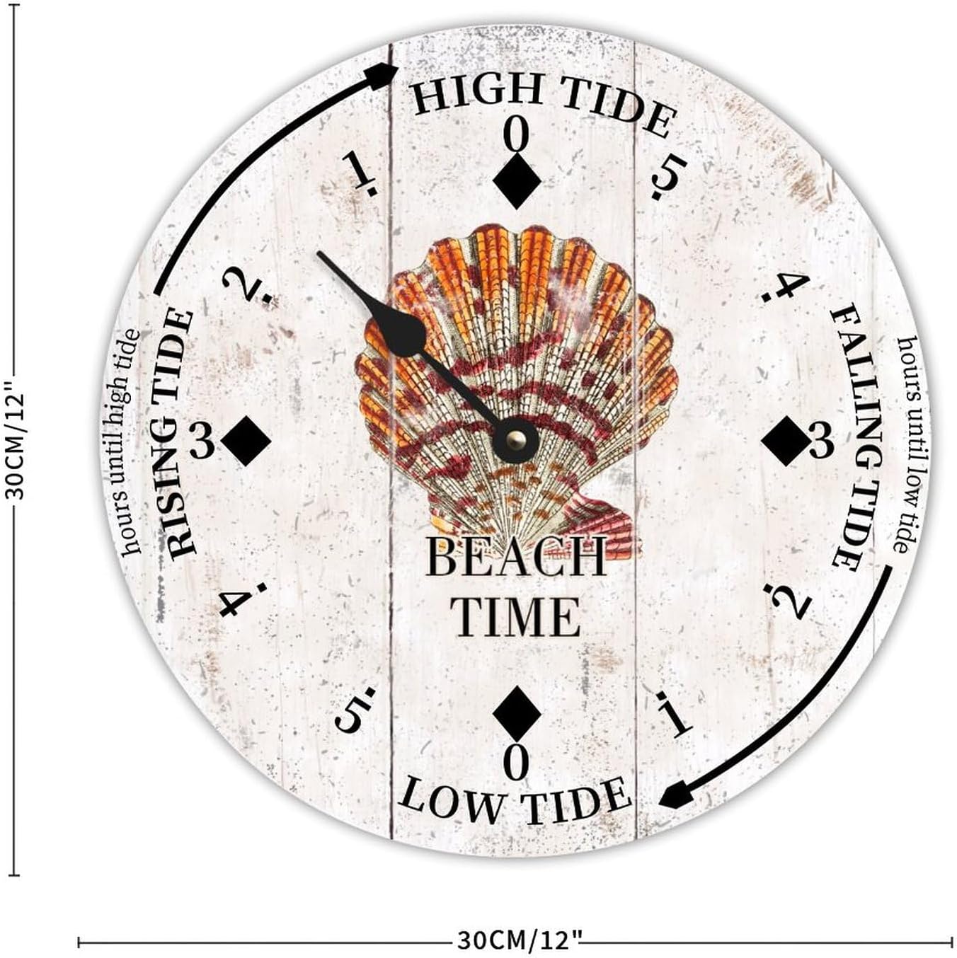 Cheyan Beach Time Shell Tide Clock Silent Non-Ticking Battery Operated Wooden Moon Nautical Tide Movement Clock for Sailing Living Room Restaurant Home Decor Wood Wall Art 12x12 in