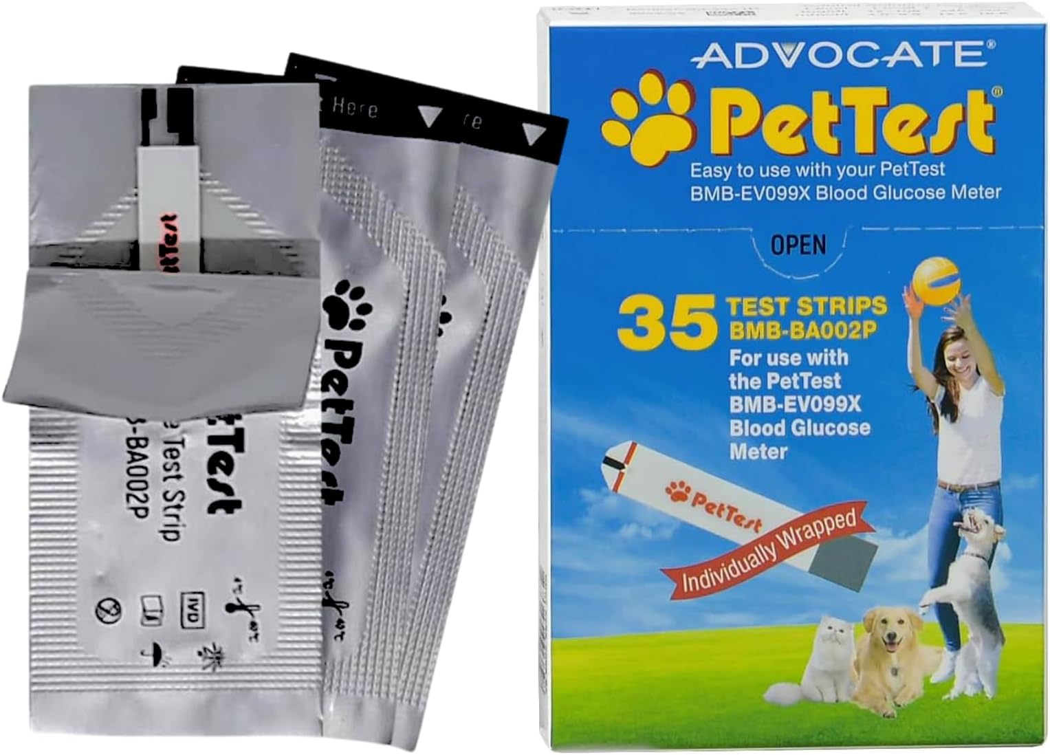 PetTest Blood Glucose Test Strips, Easy Open for Use with a Glucometer Monitor for Dogs & Cats, sterilized and Individually Sealed, 35 Pieces