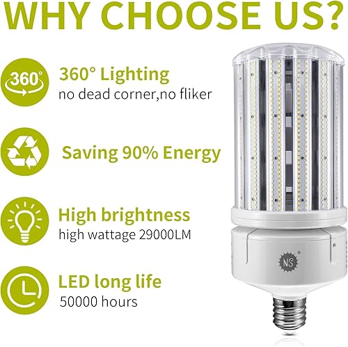 Miniatura 5 de NS Bombilla LED de maíz de 180 W, bombillas LED de maíz de 29000 lúmenes, súper brillante, 5000 K, bombilla de maíz de luz diurna E39, base Mogul