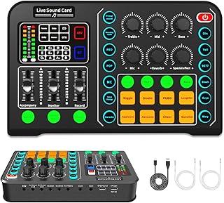 Live Sound Card, Bluetooth Professional Mini Audio Mixer Board with 15 Sound Effects, Audio Interface Support 48V Phantom ...