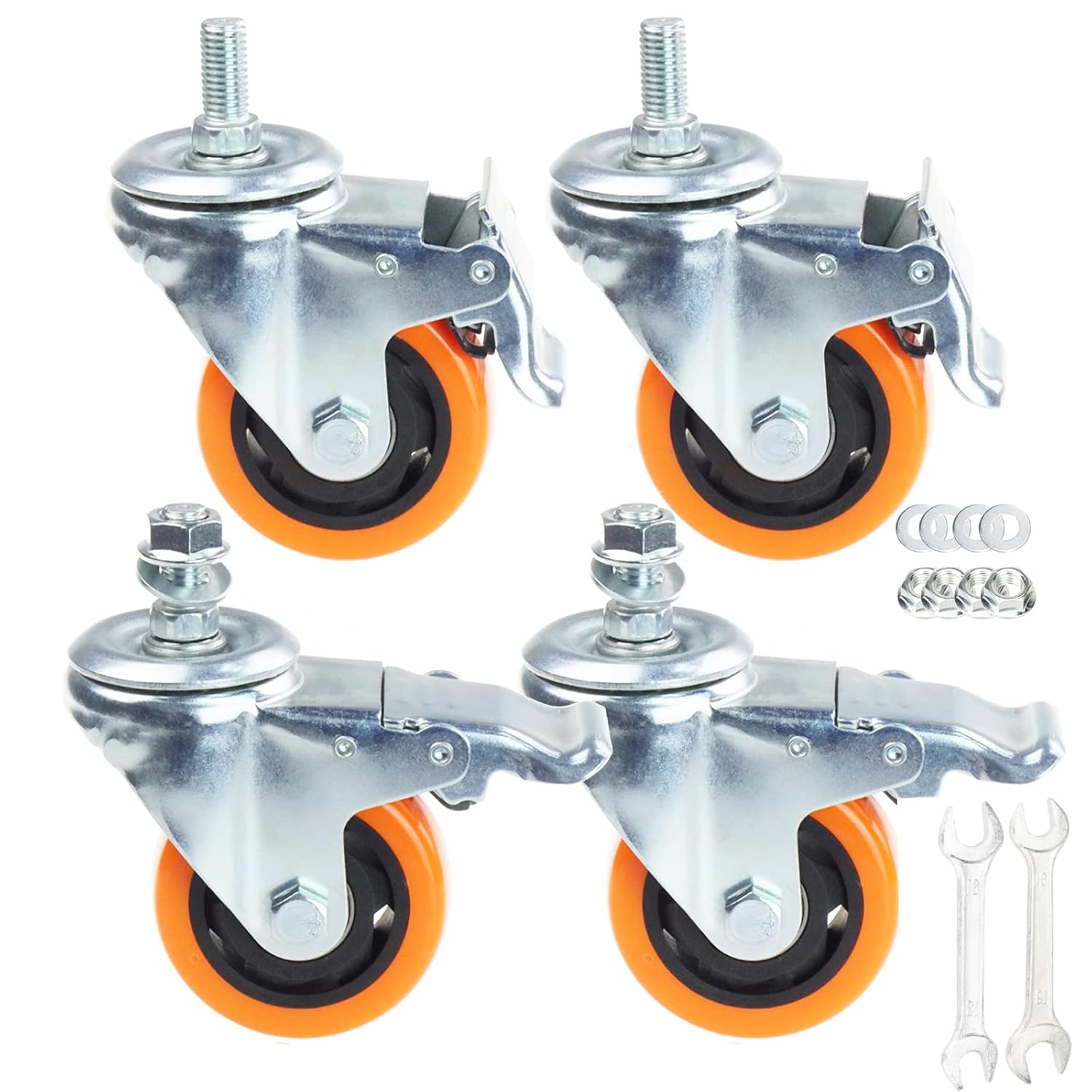 Heavy Duty Swivel Wheels, 3 Inch Yellow PVC Casters with Metric Stem M12-1.75x25mm Double Brakes Castors Safety Wheels up to 1200 Lbs/Set for Industry and Furniture Set of 4