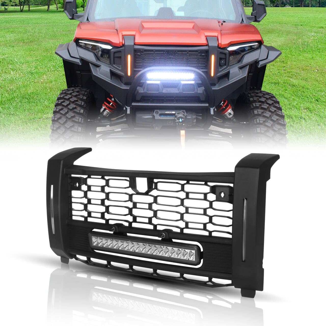 Front Grill for XPEDITION, Front Mesh Grill with LH&RH LED Turn Signal Light Compatible with Polaris XP/XP 5/ADV/ADV 5 2024 Accessories
