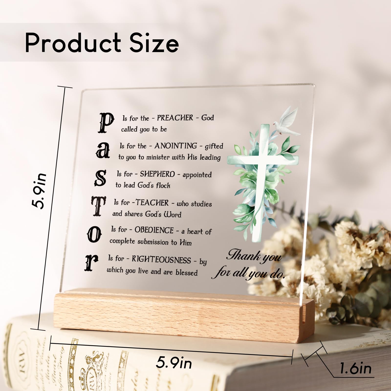 Afterprints Pastor Appreciation Gifts, Thank You Acrylic Plaque with Wooden Stand, Pastor Gifts for Men, Birthday Christian Gift for Preacher, Tabletop Sign Decoration