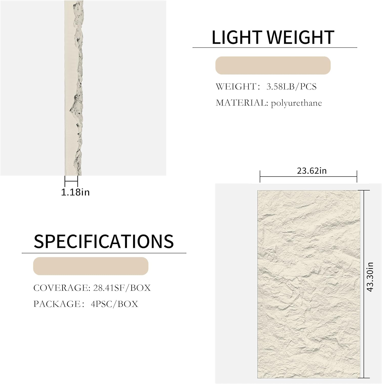 4-pack 3d pu stone wall panels for interior decor - marble white, 43.30"x23.62"x0.47" | faux stone accent wall tiles, lightweight & waterproof