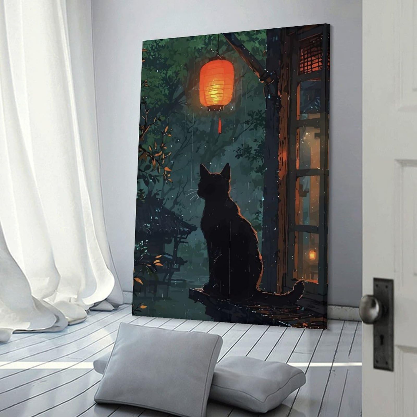 Junmoney Black Cat in Rainy Japanese Garden Canvas Wall Decor, 24x36inch(60x90cm), for Bedroom, Guest Room Or Reading Nook, Canvas Wall Decor for Personal Spaces