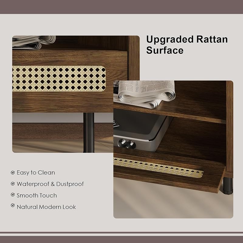 basenji 94" Mid Century Modern TV Stand, Wood TV Consoles with Sliding Doors and Rattan Door, Entertainment Center with Adjustable Shelves, Fluted TV Stands for Living Room,Walnut image 6