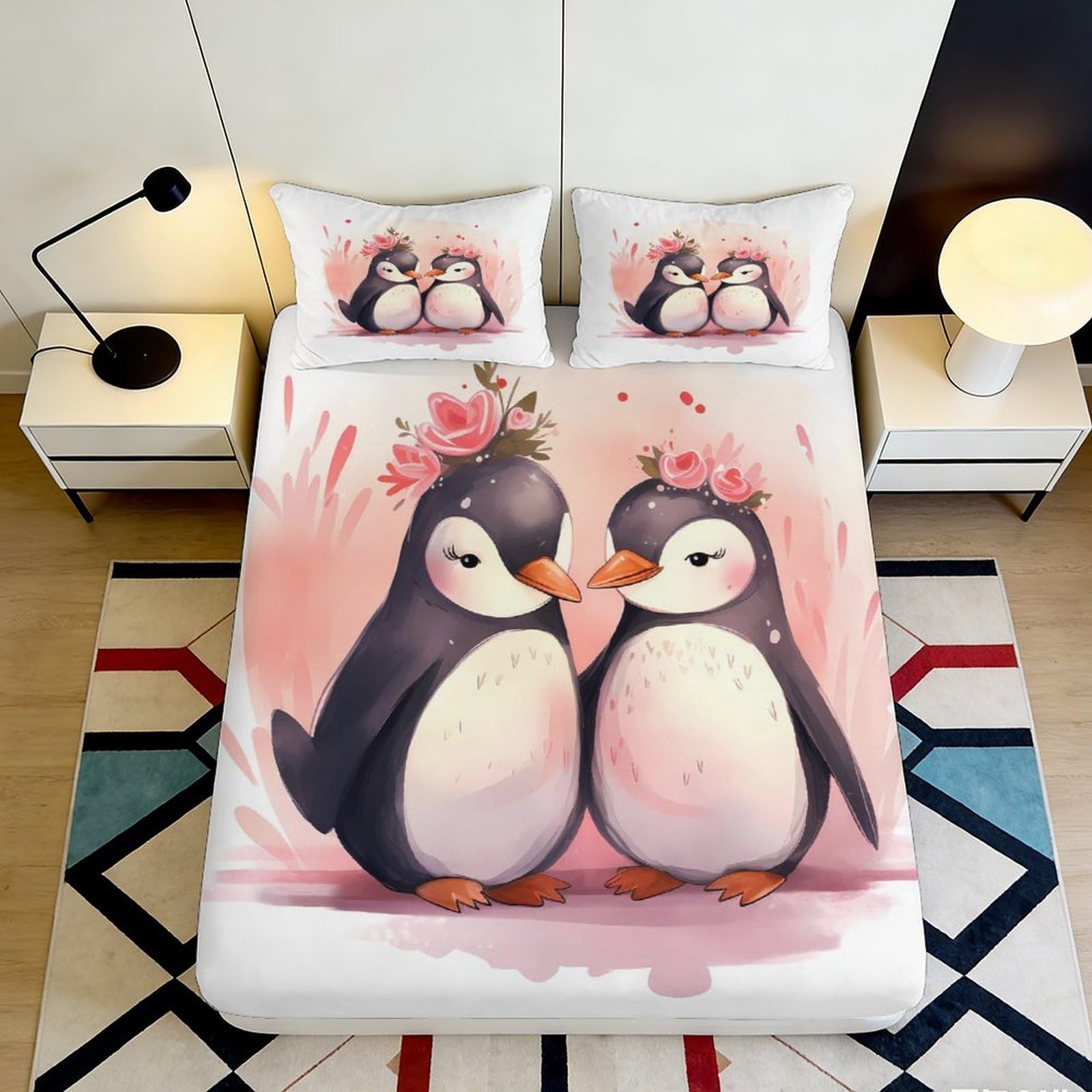 Jqzkxnhpbr Style-5 3D Printed Cute Penguin Fitted Sheet Microfiber Soft Breathable Floral Bed Cover For Bedroom Guest Room Decor 90X200x25cm