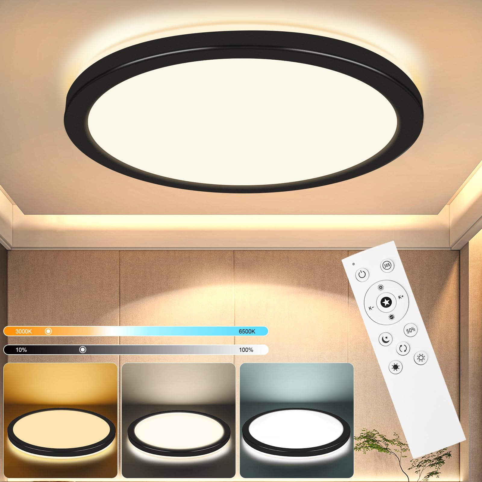 RDGOOD Dimmable LED Ceiling Light with Remote Control, 18W 1800lm Dimmable LED Ceiling Light 3000-6500K
