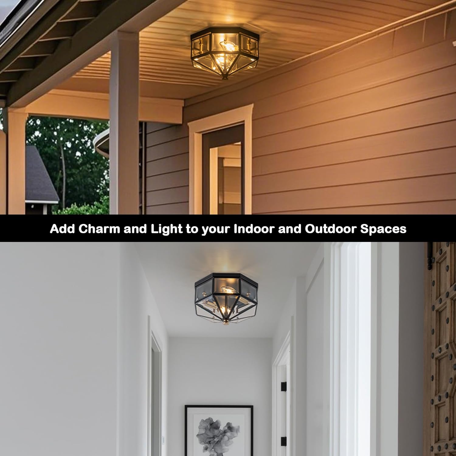 Flush Mount Ceiling Light Fixture, 2-Light Copper Outdoor Ceiling Lights, Octagonal Flush Mount Light with Clear Glass, Black Close to Ceiling Light for Hallway Bedroom Porch Balcony