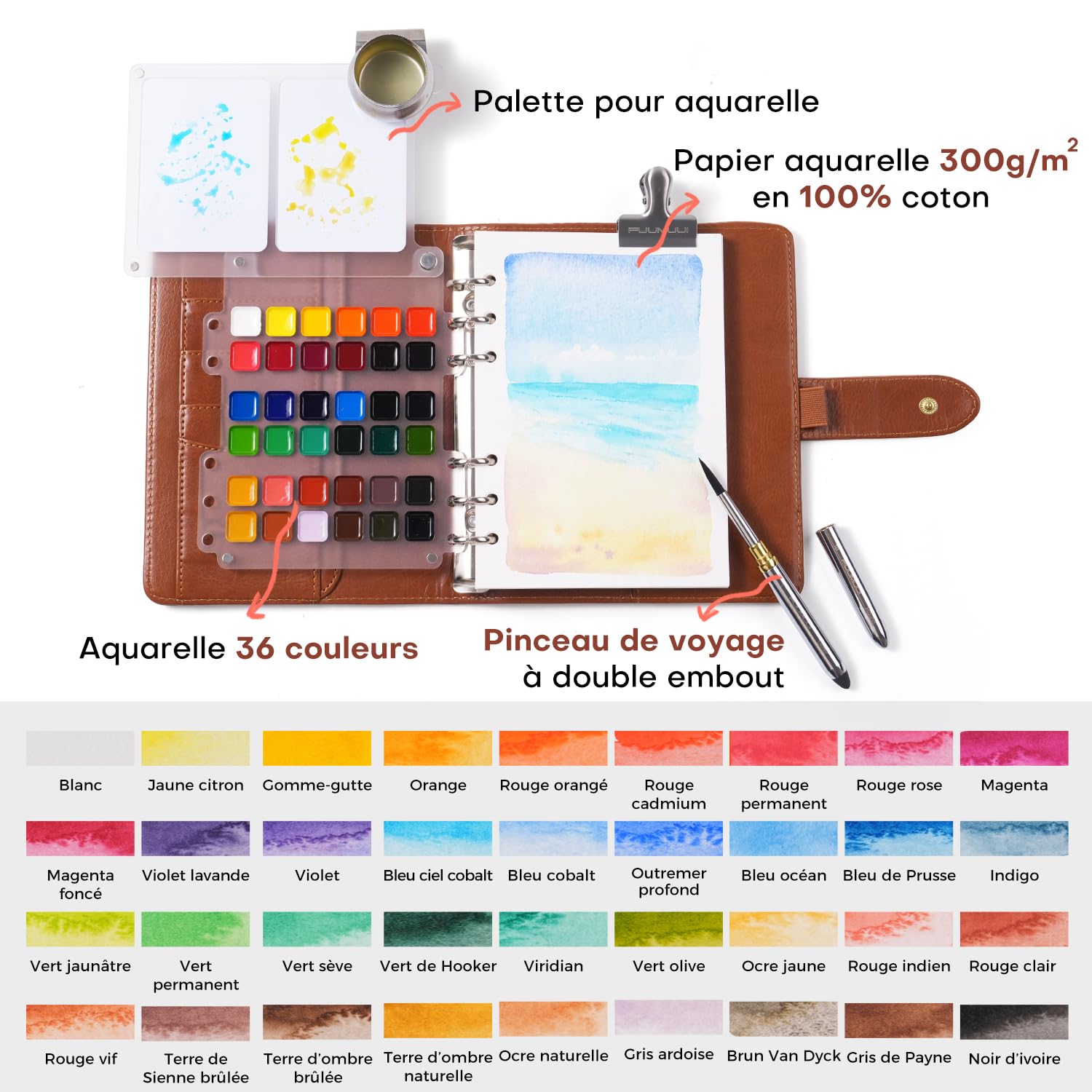 kit Peinture Aquarelle Voyage - 36 Couleurs avec Pinceau de Voyage, Papiers aquarelle 100% Coton, Couverture en Cuir PU | Set de Carnet de Croquis Aquarelle Voyage | idéal pour Artistes et Amateurs