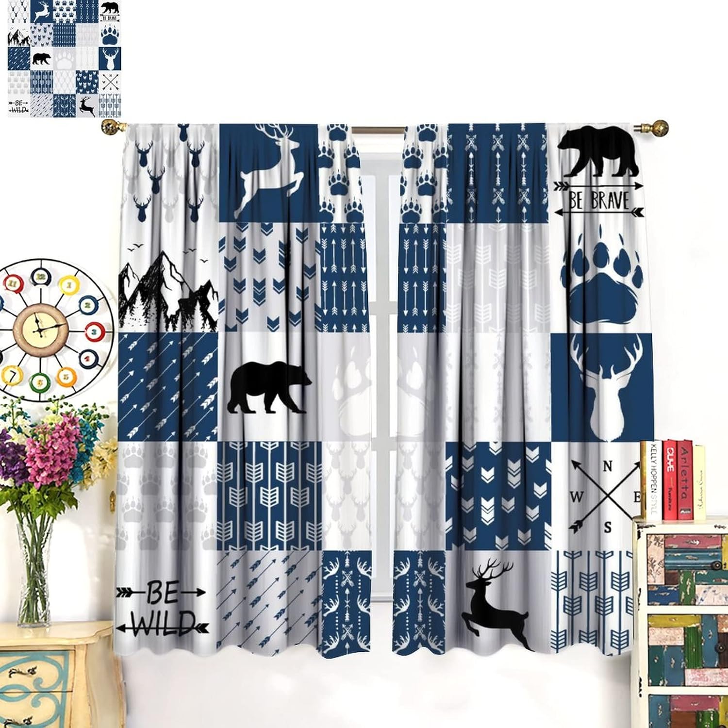 Rustic Deer Bear Blackout Curtains,Retro Cabin Hunting Theme Forest Wildlife Blue Plaid Check Window Drapes - Thermal Insulated and Noise Reduction,2 Panels 45L x 21W Room Darkening Curtains
