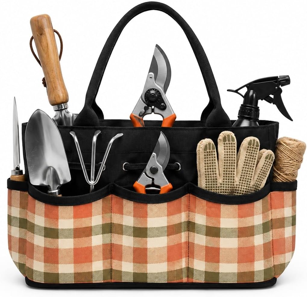 Terracotta Plaid Garden Tool Bag Organizer for Orchard Care Cheerful Style