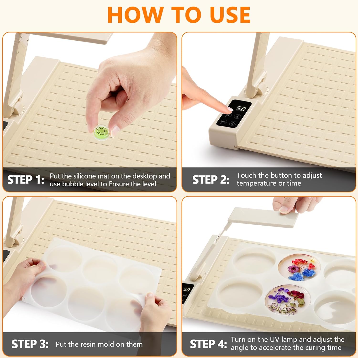 2-in-1 Resin Heating Mat&Adjustable UV Light with Silicone Coaster Mold+Leveling Instrument Silicone Foldable Heating Pad for Fast Curing Epoxy Molds with Smart Timer & Temp Control(Including Molds)