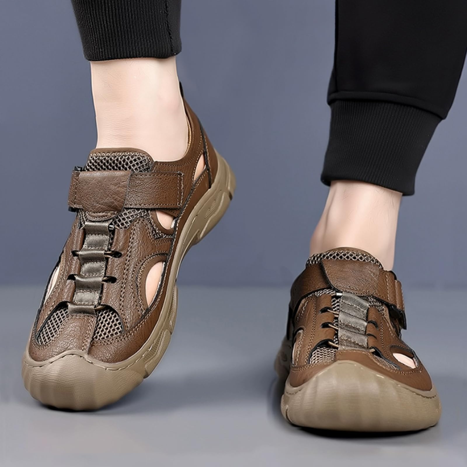 Sandali Uomo Estivi Leggero Pelle Traspirante Regolabili Comodi Scarpe da Escursionismo Sportivi Sandali per Casa Mare Spiaggia Piscina