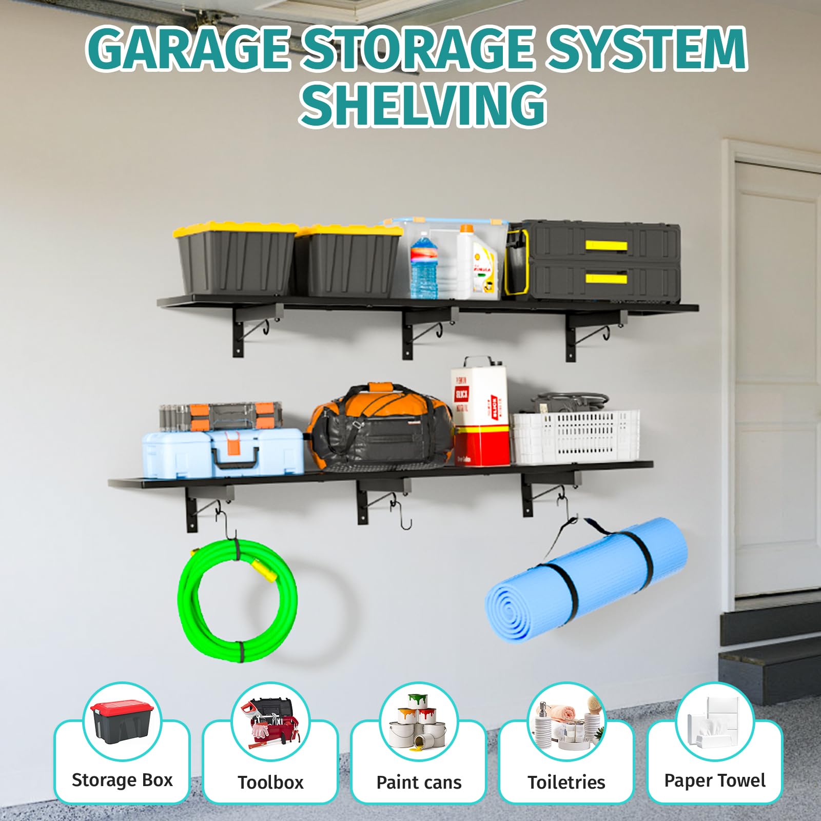 Scaffalatura da parete per garage, 116 x 32,6 cm, mensola per garage da parete, resistente, capacità 81,6 kg, scaffale galleggiante con 4 ganci, organizer in metallo nero per cantina, officina