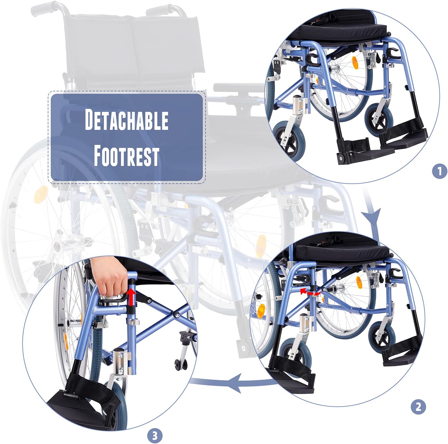 Medwarm Aluminum Multifuctional Manual Wheelchair with Flip Back Armrests, Swing Away Footrests and 24 Inch Rear Wheels, Blue : Health & Household