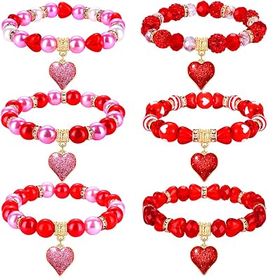 6PCS Valentines Day Bracelets Red Heart Charms Bracelets for Women Crystal Pearl Beaded Stretch Bracelet Set Festive Birthday Party Gifts 6PCS Red Bracelets