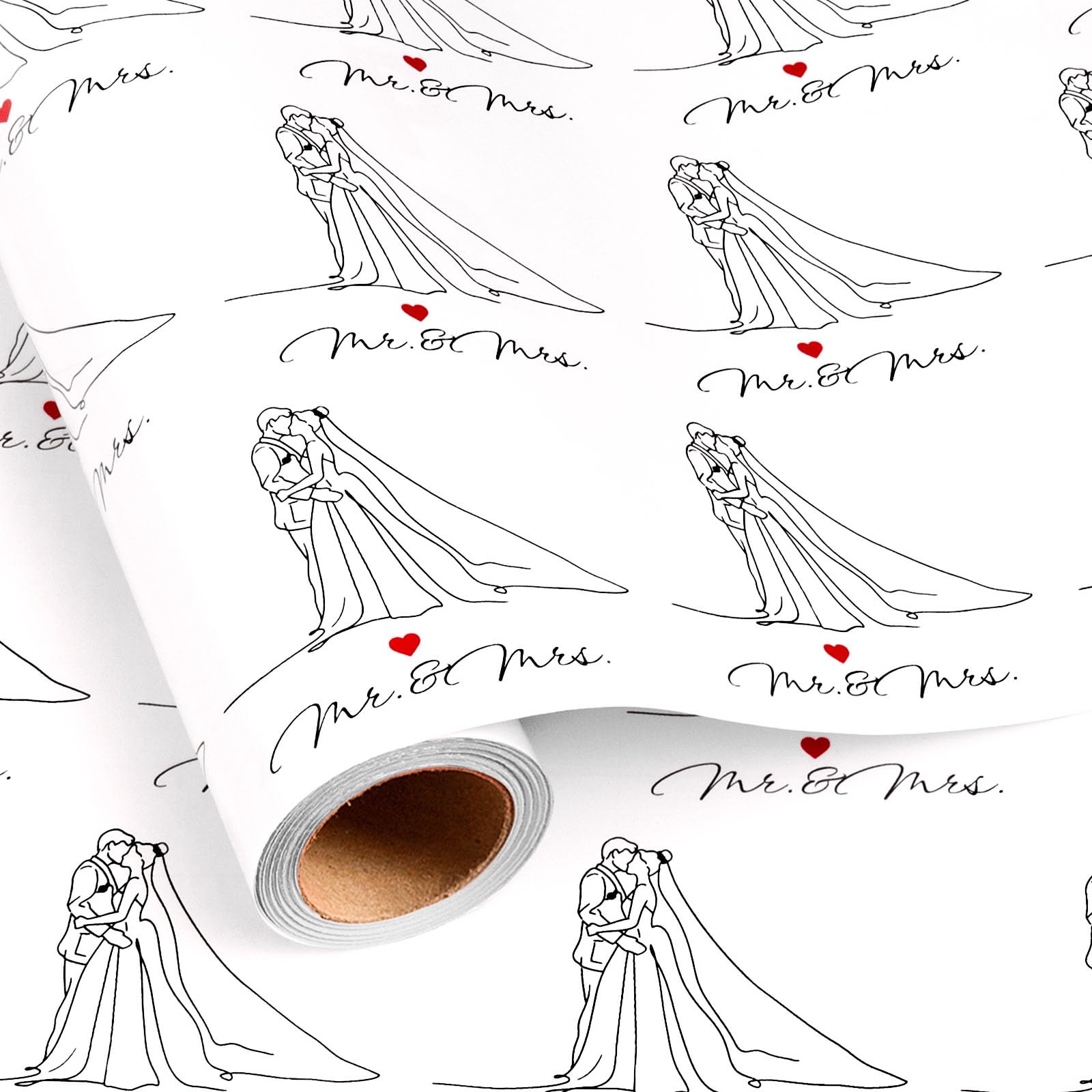 Burymento Wedding Wrapping Paper with Gridlines, Elegant Bride Groom Gift Wrap w/Mr. & Mrs. Heart Design, White Gift Wrapping Paper for Bridal Shower, Engagement, Anniversary (17 In x 16.4 Ft)