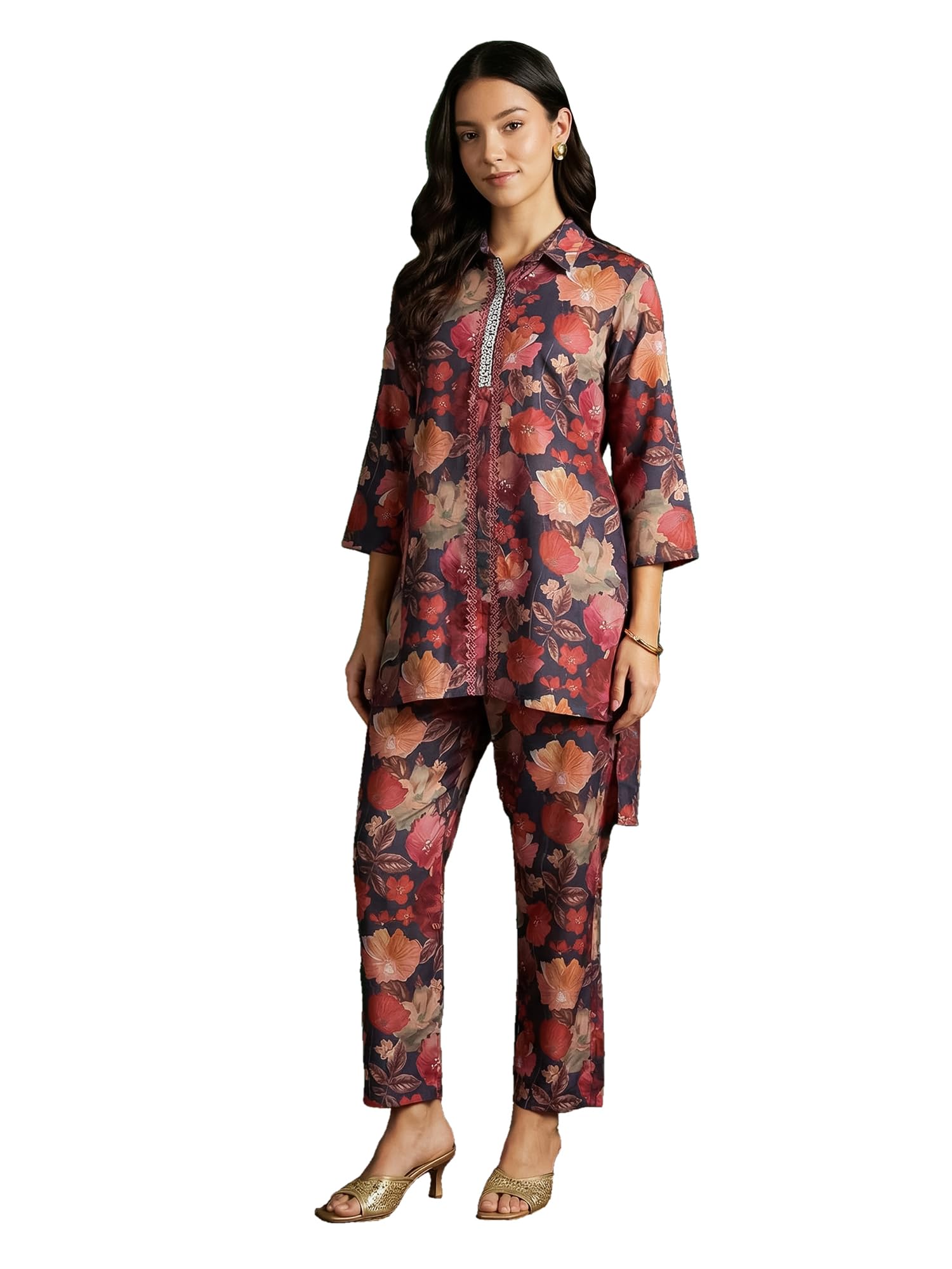 indo era Women's Silk Blend Printed Shirt Collar Shirt & Pant Set (LWCDAI1036)-picture-35