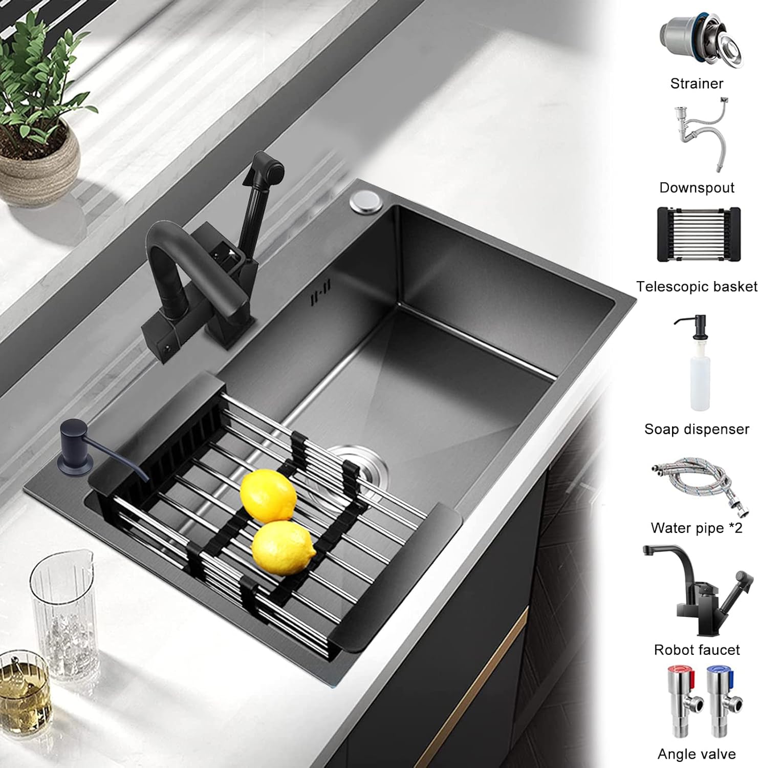Kitchen Sink with Faucet Undermount Single Bowl Big Thick 304 Stainless Steel Large Capacity Sink Black Nano Thick for Home Múltiples Accesorios
