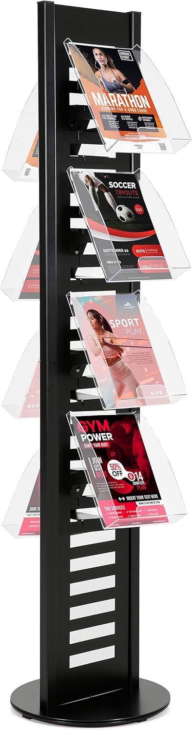 M&T Displays Heavy Duty Literature Rack with 8 pcs. Acrylic Shelf and Rotating Base, Magazine Holder, Brochure Display Stand, Catalog Leaflet for Fair, Conference (Gray, 8.5x11 A4)