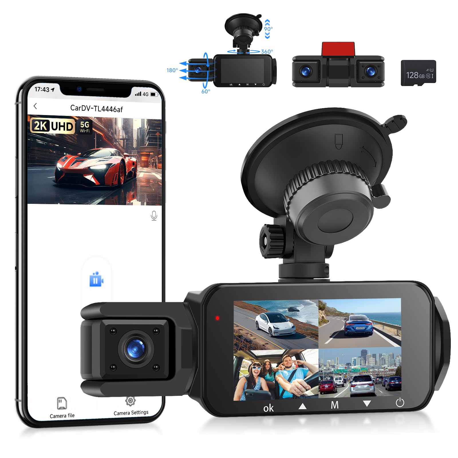 VECHTEL 2K Wi-Fi Dashcam Auto, Pantalla IPS de 3 Pulgadas Dash CAM Auto con Visión Nocturna, Tarjeta 128GB Gratis, G-Sensor, Modo Parking 24H, Grabación en Bucle, Asistente de Marcha Atrás