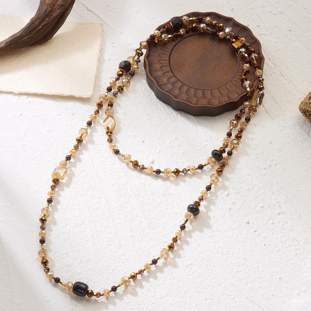 Boho Long Layered Brown Beaded Chain Necklace for Women,Vintage Adjustable Y Shaped Crystal Endless Wrap Necklace Jewelry Accessories Gifts