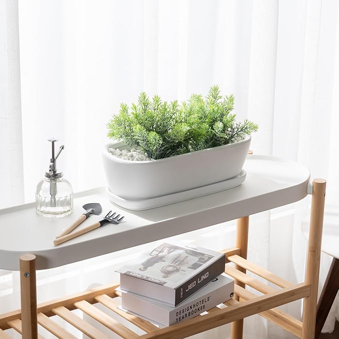 Oval White Ceramic Succulent Planter Pot, Decorative House Plant Container