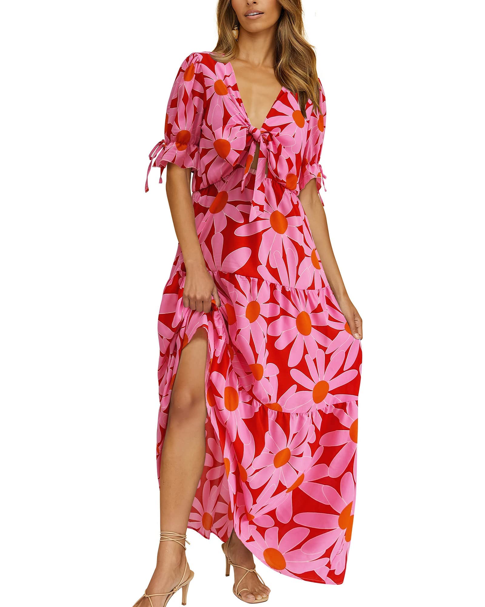QUNERY Vestido Mujer Verano Casual Vestidos Playa Larg Vestido Fiesta Cuello en V Bandage Floral Vestidos Maxi Mujer