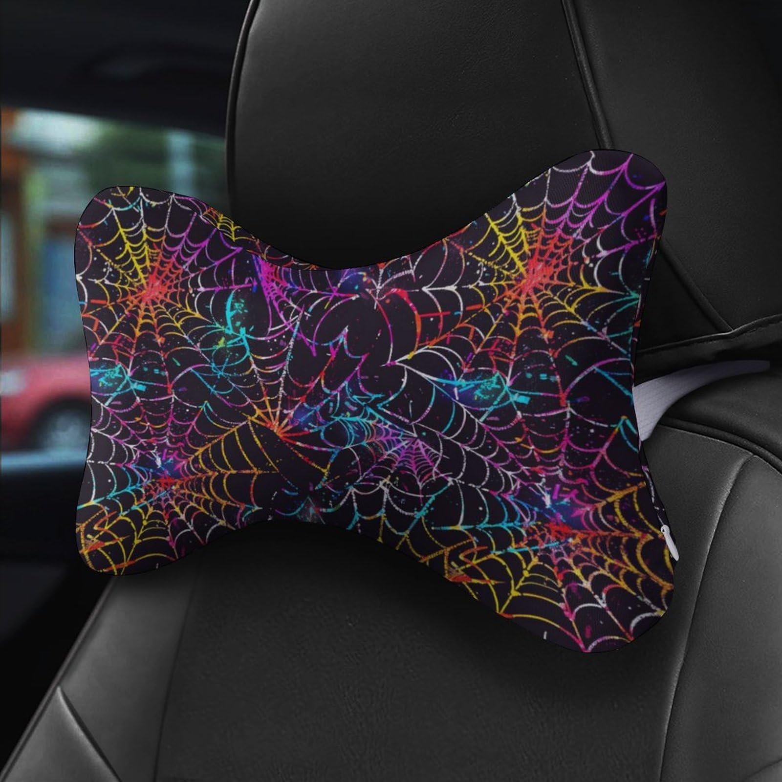 SMAZDFXX Colorful Neon Spider Web Halloween Car Neck Pillow Set of 2 Car Seat Head Support Cushion Bone Pillows with Elastic Strap